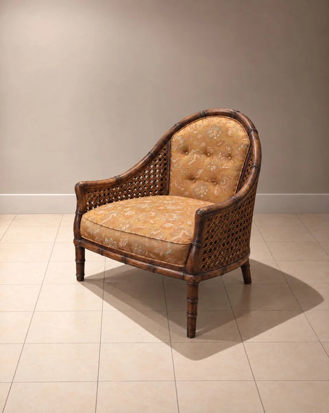 Vintage Cane-Side Barrel Armchair with Gold Floral Upholstery