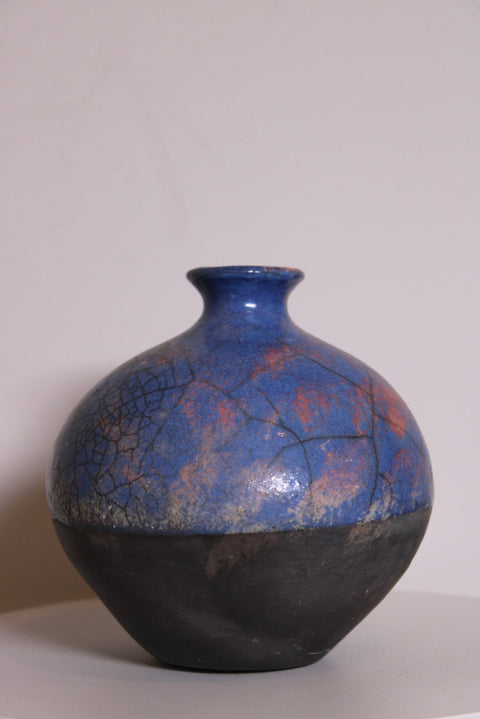 Signed Raku Studio Pottery Vessel in Cobalt & Black
