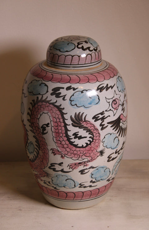 Vintage Korean Style Dragon Ginger Jar with Lid Pink Dragon and Clouds