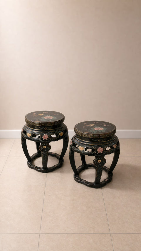 Pair Antique Hand Carved Asian Side Tables