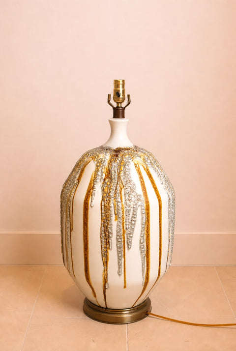 Vintage Jumbo Drip Glaze Ceramic Table Lamp – Mid Century Modern Caramel & Cream