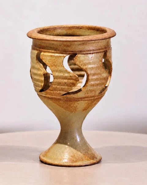 Earth-Tone Pierced Pottery Pedestal Candle Holder