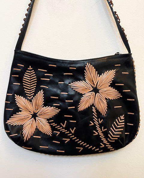 Sharif Black Leather Floral Appliqué Shoulder Bag