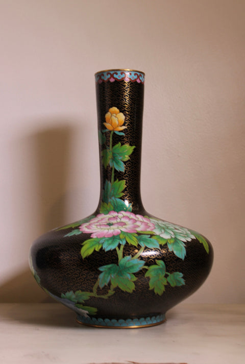Vintage Black Cloisonne Style Floral Bottle Vase with Peonies