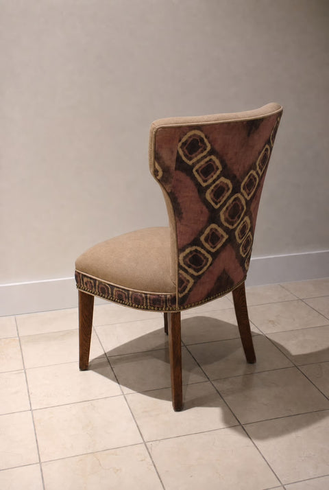 Vintage Pair Sculptural Slipper Chairs with African Kuba Trim