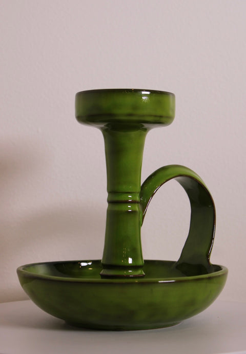 Mid Century Olive Green Pottery Chamberstick Candle Holder