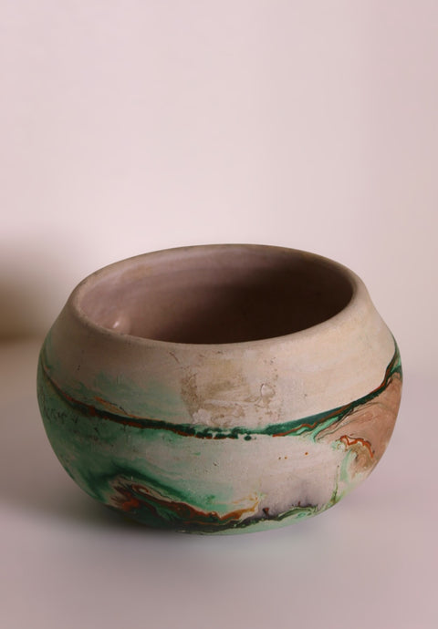 Vintage Nemadji Pottery Green Marble Bowl Hand Thrown Art Pottery