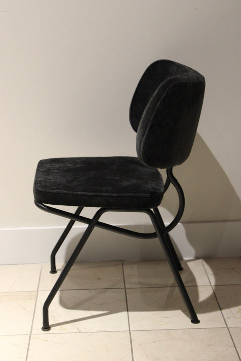 Vintage Postmodern Black Velvet Dining Chairs | Sculptural Metal Frame Side Chairs