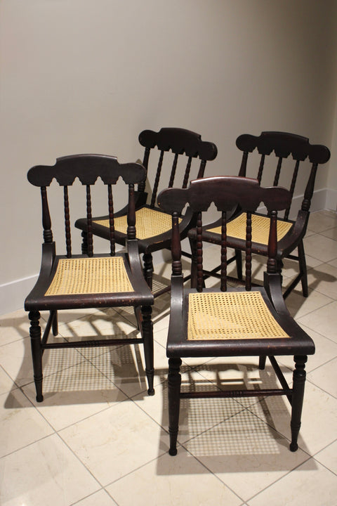 Set of Four Antique Ladder Back Rush Seat Dining Chairs | Early 20th Century
