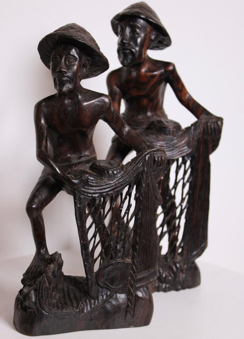 Hand Carved Wood Fishermen Sculpture
