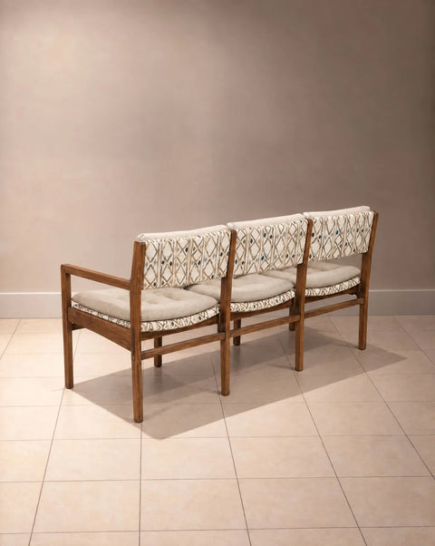 1980s Walnut Three-Seat Bench with Neutral Linen Upholstery