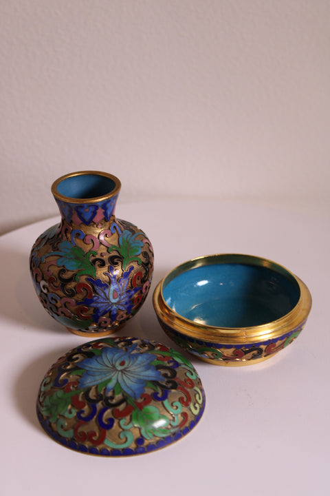 Vintage Chinese Cloisonné Vanity Set – Trinket Box & Bud Vase