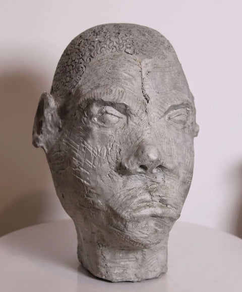 Vintage Textured Cement Portrait Head Sculpture