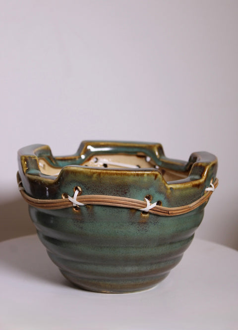 Green Ceramic Bonsai Planter with Rattan Detail