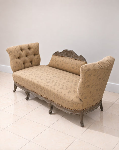 French-Style Tufted Settee with Carved Wood Frame