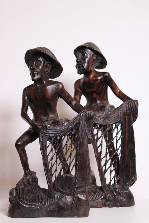 Hand Carved Wood Fishermen Sculpture