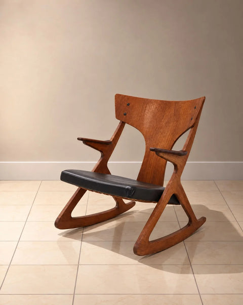 Danish Modern Sculptural Wood Rocking Chair with Black Leather Seat