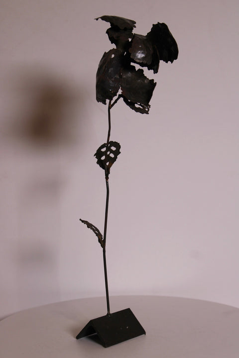 Vintage Hand-Forged Metal Rose Sculpture on Stand