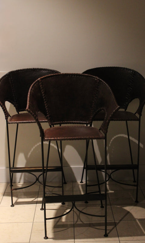 Set of 3 Vintage Leather & Iron Counter Stools | Rustic Modern Bar Seating
