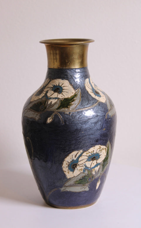 Vintage Indian Brass & Enamel Cobalt Blue Floral Vase