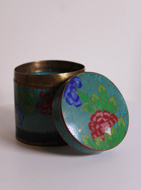 Vintage Minutare Cloisonné Cigarette Jar Holder with Floral Design