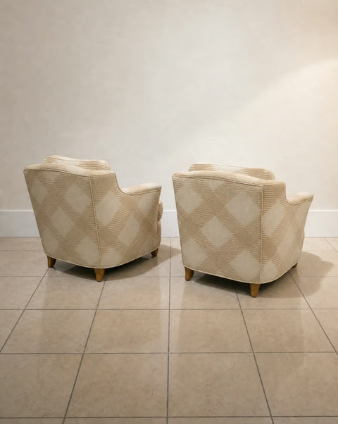 Pair of Cream Ivory Plaid 1940s Club Chairs