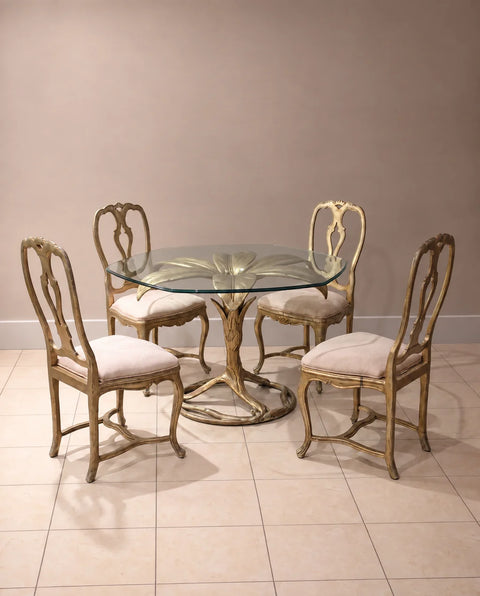 Vintage Drexel Gilt Lily Glass-Top Dining Table and Four Chairs