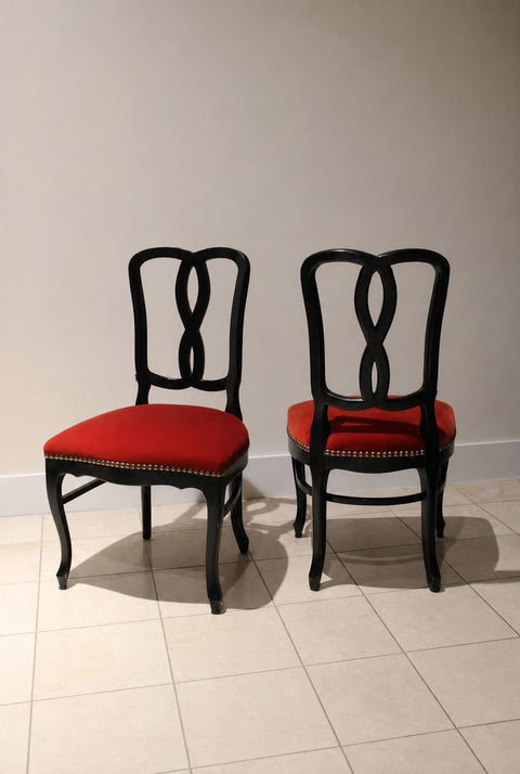 Vintage Black Ribbon Back Dining Chairs with Red Upholstery (Pair)
