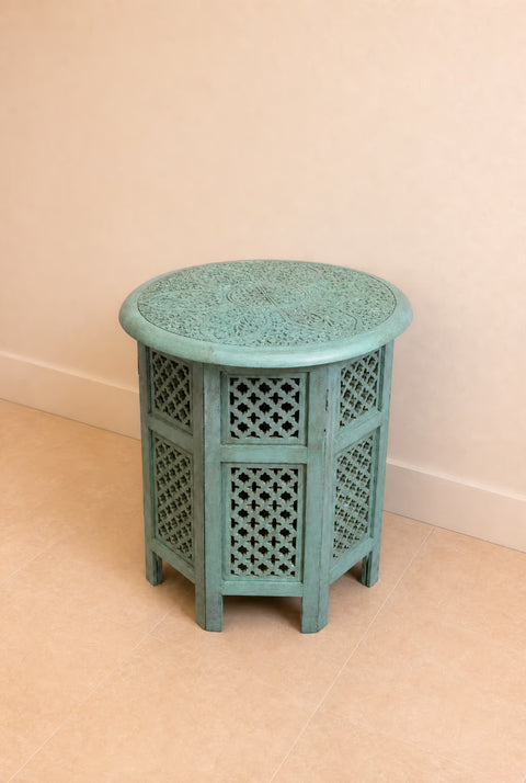 Vintage Hand-Carved Moroccan Round Accent Table | Turquoise  Wood Side Table