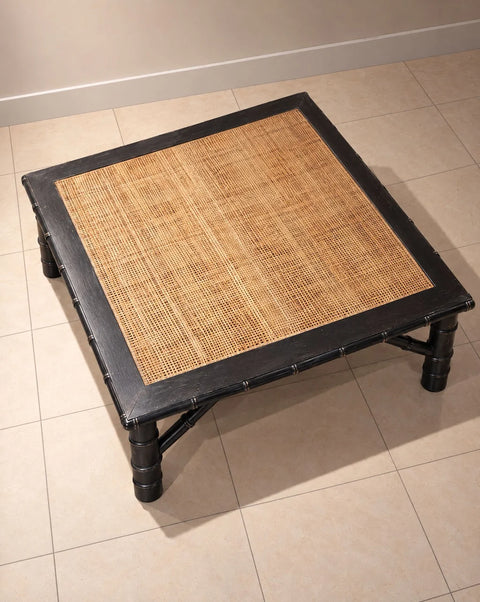 Black Bamboo-Style Square Coffee Table with Woven Inset Top