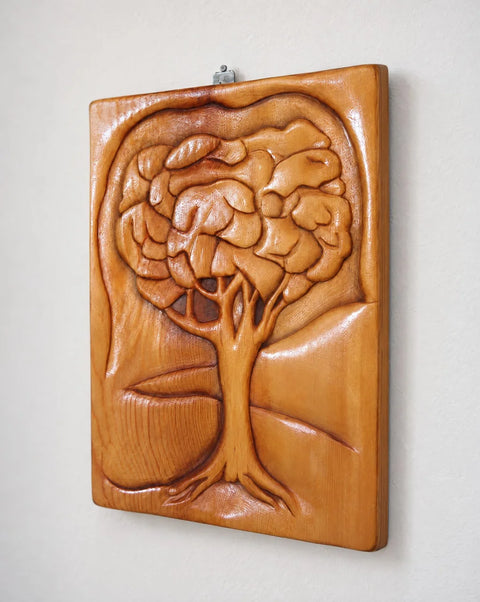 Carved Wood Tree Relief Wall Art in Honey Tones