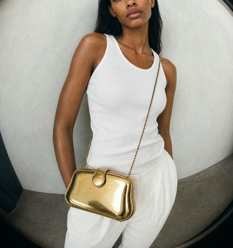 Gold Metallic Frame Evening Bag with Chain Strap