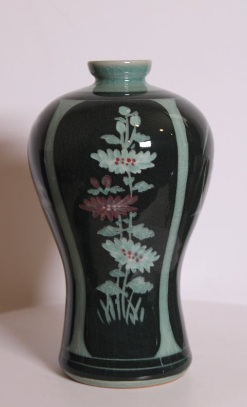 Vintage Korean Celadon Four Seasons Inlaid Floral Vase