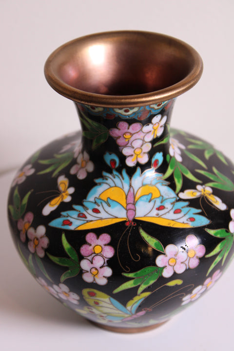 Vintage Chinese Cloisonné Butterfly & Blossom Vase – Black Enamel Ground