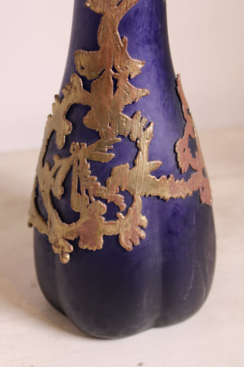 Vintage Cobalt Blue Vase with Gold Overlay Branch Decoration