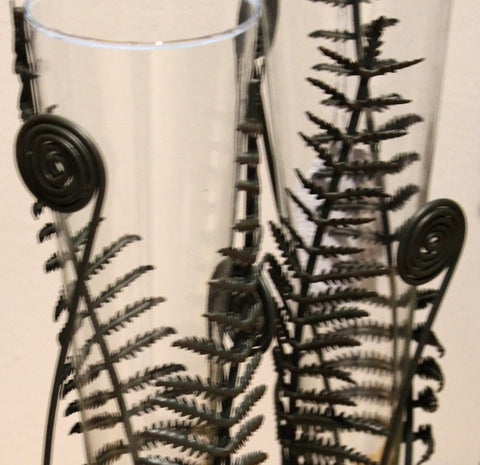 Vintage Fern and Fiddlehead Metal Stand Glass Vases