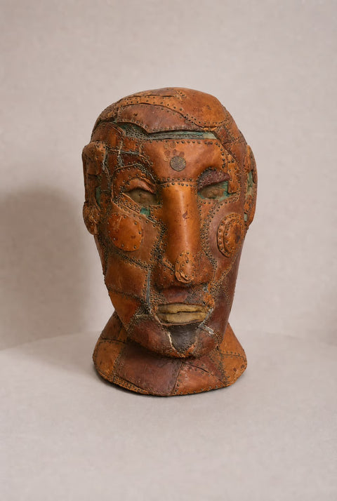 Vintage Patchwork Leather Bust Sculpture | Handcrafted Decorative Head