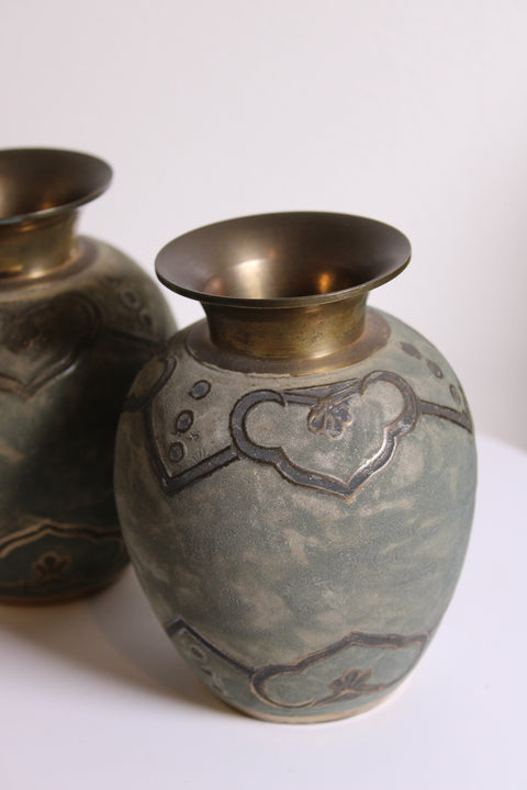 Pair of Vintage Brass & Enamel Teal Green Baroque Vases