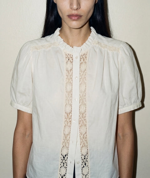 1520 Embroidered Lace Short Sleeve Button-Up Blouse