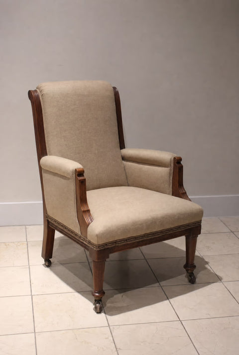 Vintage High-Back Upholstered Armchairs (Pair) | Traditional Walnut Accent Chairs