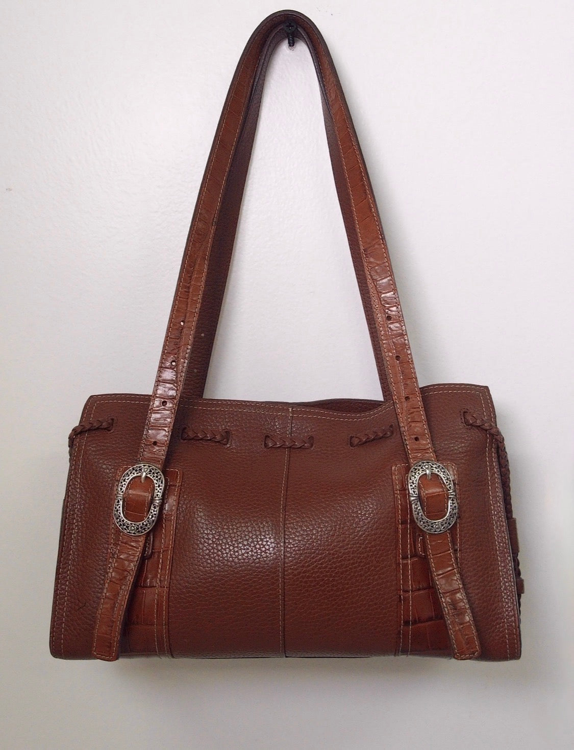 Pre Owned Brighton Brown Pebbled Leather Satchel | Croc Trim | Silver Buckle Hardware | Braided Detail