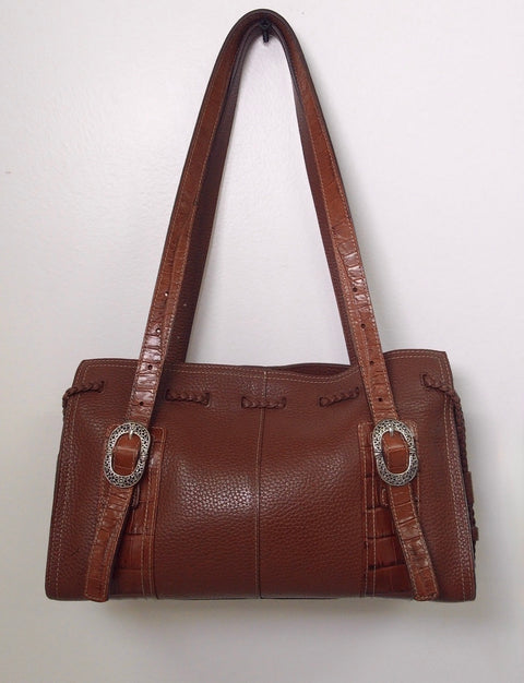 Pre Owned Brighton Brown Pebbled Leather Satchel | Croc Trim | Silver Buckle Hardware | Braided Detail