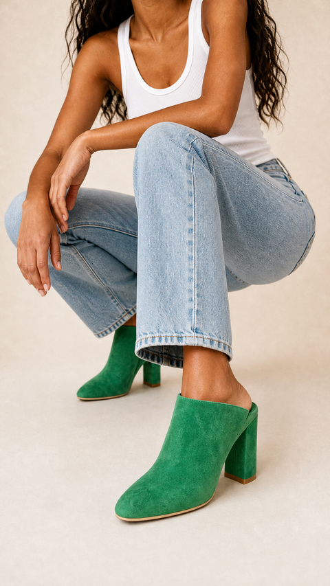 Charlotte  Stone Green Suede Mule Heels