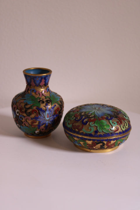 Vintage Chinese Cloisonné Vanity Set – Trinket Box & Bud Vase