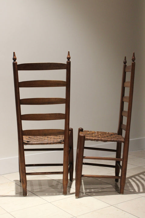 Pair of Antique Style Ladder Back Chairs with Woven Hickory Bark Seats