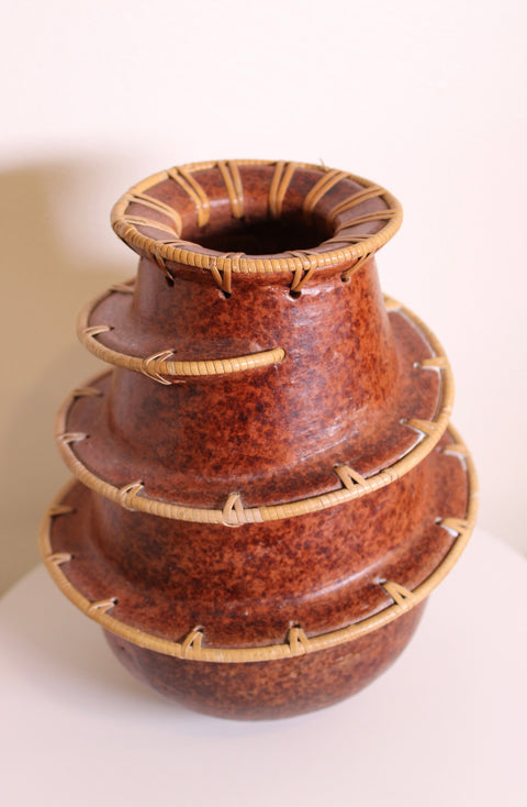 Wicker Wrapped Brown Pottery Vase