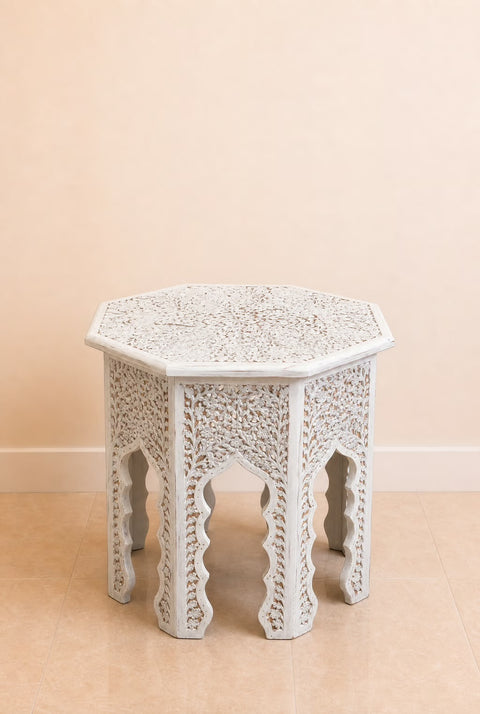 Vintage Hand-Carved Moroccan Round Accent Table | Pair White Wood Side Table