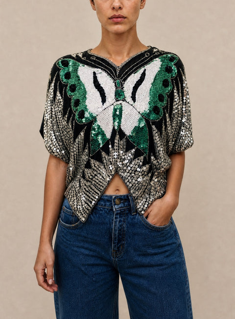 Green Butterfly Sequin Top