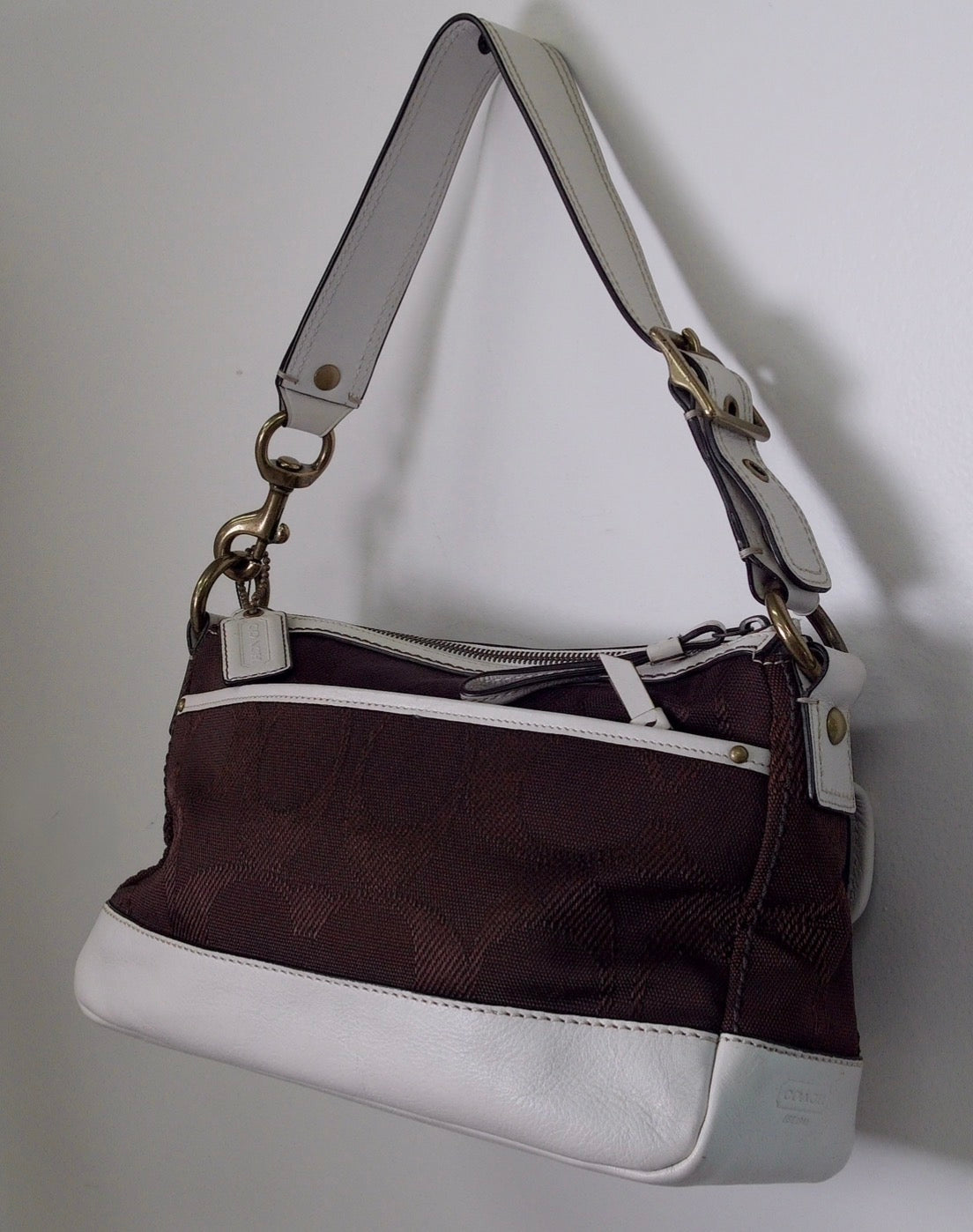 Pre Owned Coach Legacy Signature 2008 Shoulder Bag F13102 | Chocolate Brown & White | Dual Turnlock Pockets (Y2K Vintage)