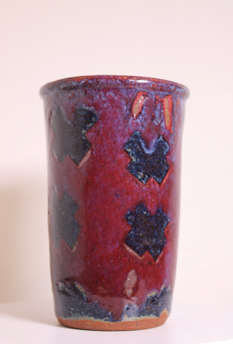 Red Blue Abstract Studio Pottery Cylinder Vase